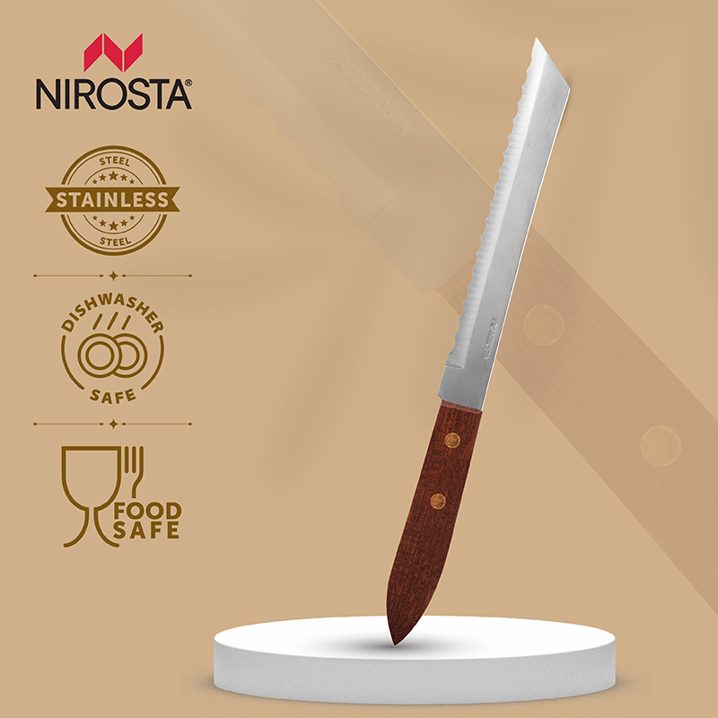 Bread Knife Rosewood Handle Long Serrated Blade 29.5 CM Brown