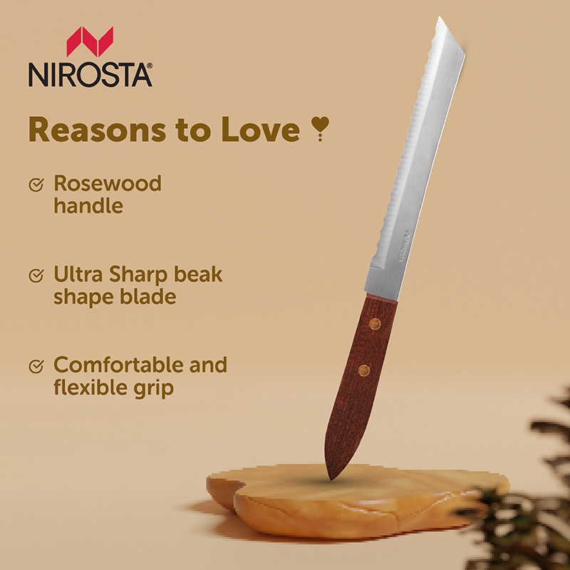 Bread Knife Rosewood Handle Long Serrated Blade 29.5 CM Brown